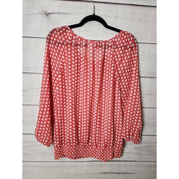 JM Collection Womens Peasant Blouse Red White Polka Dot Long Sleeve Sheer Boho L - Picture 2 of 6